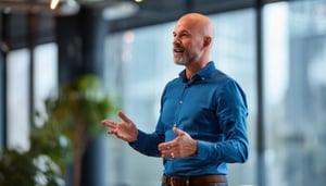 Bald man hosting a tech update Webinar in a corporate setting